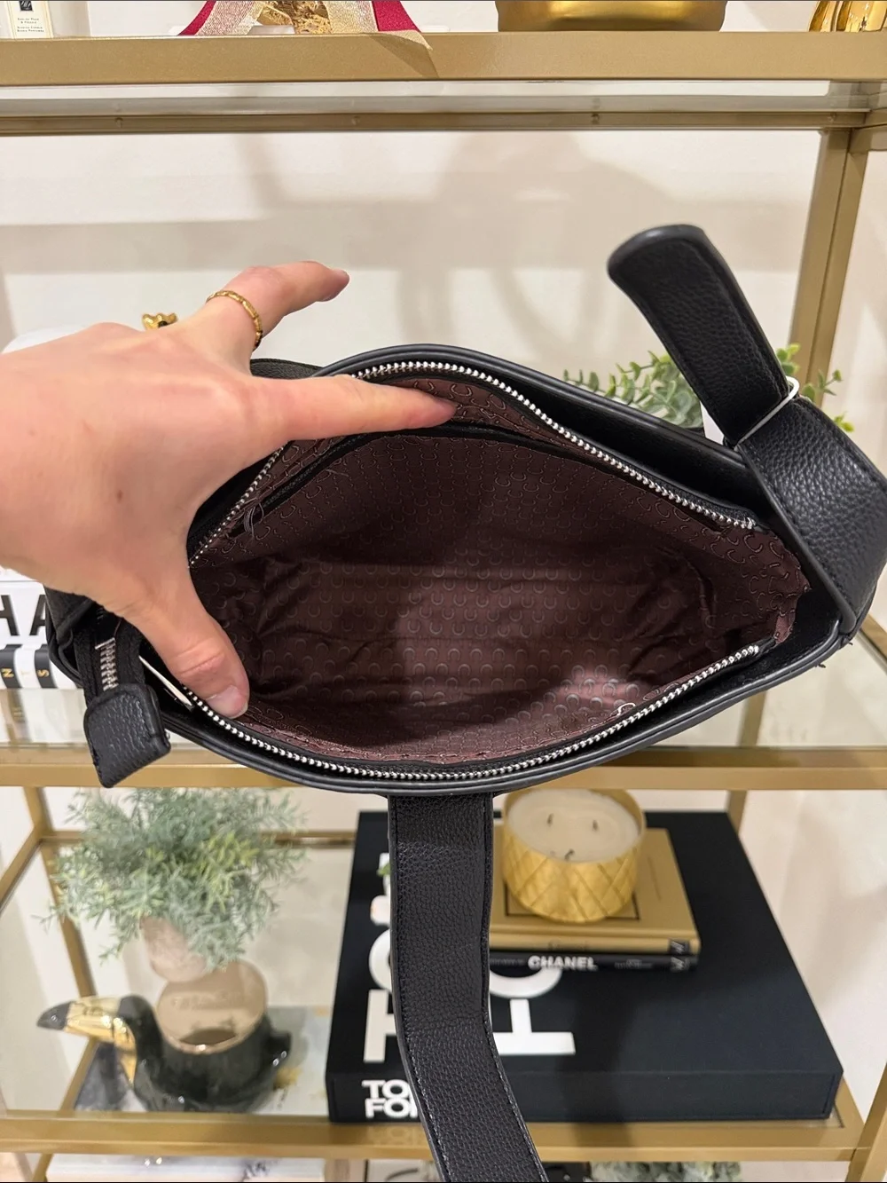 Studded Black Leather Shoulder Bag with Front Tab